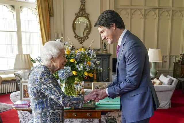 Queen Elizabeth receives Canadian Prime Minister Justin Trudeau during an audience at Windsor Castle, Berkshire.