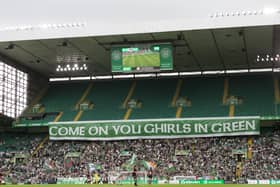 A Celtic fans display during a Scottish Women's Premier League match against Hearts at Celtic Park on May 21 which attracted a record 15,822 attendance. (Photo by Ewan Bootman / SNS Group)