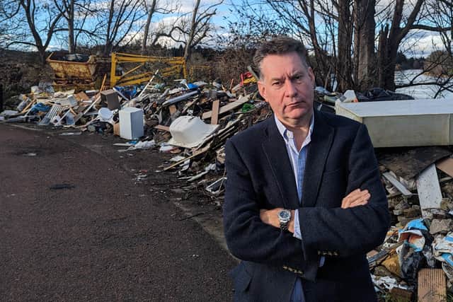 Scottish Conservative MSP Murdo Fraser, who is bringing forward a private member's bill on fly-tipping to the Scottish Parliament, visits a site near Perth where a massive quantity of waste has been illegally dumped on private land
