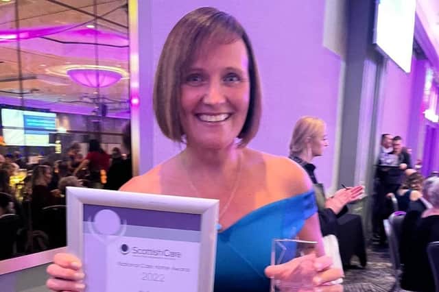 Karen Wood, Regional Manager at Community Integrated Care with her Leadership Award at the Care Home Awards.