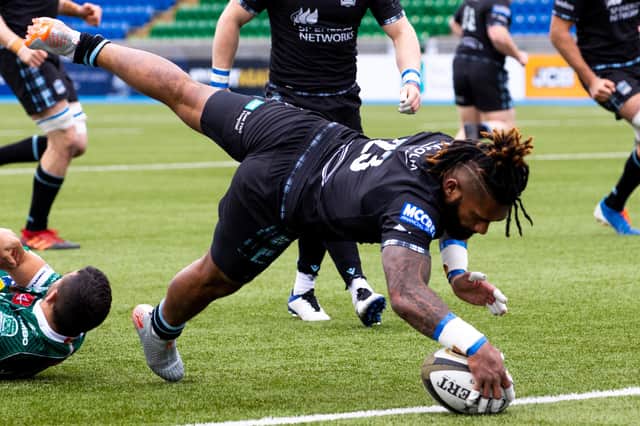 Niko Matawalu scores a typically acrobatic try for Glasgow Warriors against Benetton at Scotstoun. Picture: Alan Harvey/SNS