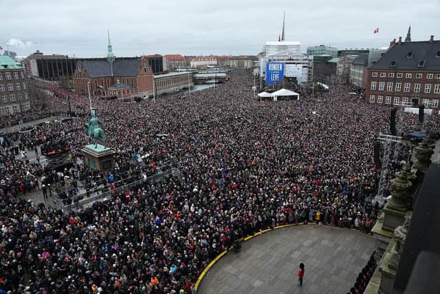 A view of the the crowd gathered at Christiansborg Palace Square in Copenhagen. Picture: Mads Claus Rasmussen/Ritzau Scanpix via AP