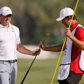 Rory McIlroy hands his putter to caddie Harry Diamond during the final day of the WGC-Dell Technologies Match Play at Austin Country Club in Texas. Picture: Mike Mulholland/Getty Images.