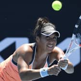 Heather Watson makes a backhand return against Kristyna Pliskova at the Australian Open. Picture: Andy Brownbill/AP