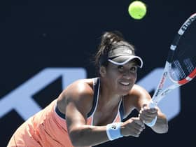 Heather Watson makes a backhand return against Kristyna Pliskova at the Australian Open. Picture: Andy Brownbill/AP