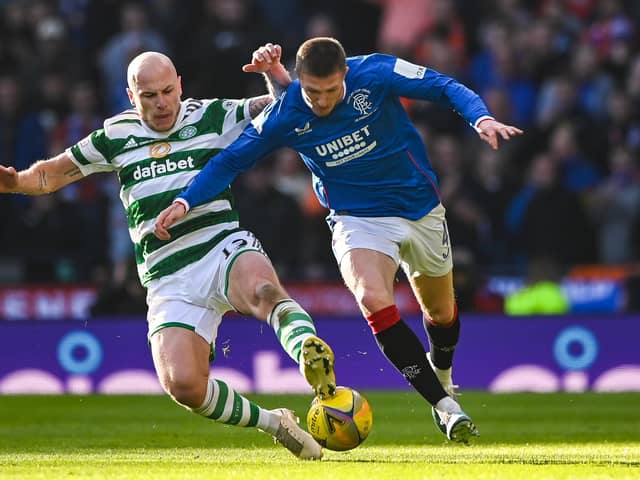 Celtic's Aaron Mooy (L) and Rangers' John Lundstram in action during the Viaplay Cup final at Hampden last month.  (Photo by Paul Devlin / SNS Group)
