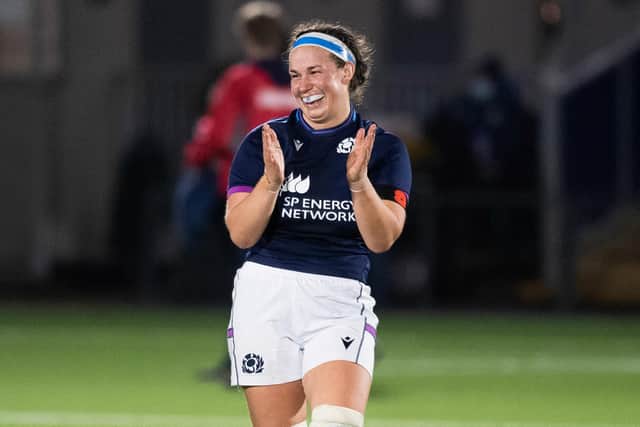 Scotland captain Rachel Malcolm celebrates at full time (Photo by Ross Parker / SNS Group)