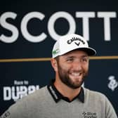 Jon Rahm talks to the media ahead of his abrdn Scottish Open debut at The Renaissance Club. Picture: Luke Walker/Getty Images.