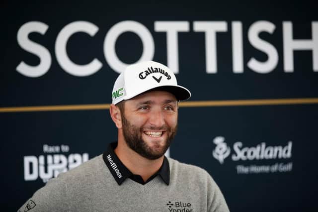 Jon Rahm talks to the media ahead of his abrdn Scottish Open debut at The Renaissance Club. Picture: Luke Walker/Getty Images.
