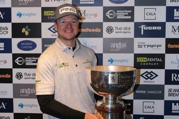 Rhys Thompson shows off the trophy after winning the Gleneagles Masters presented by Insights. Picture: Tartan Pro Tour