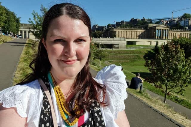 Victoria Gazeley with the National Gallery of Scotland in the background