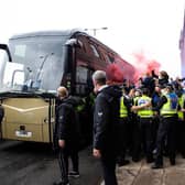 Rangers fans greet the team bus during the Scottish Premiership match  between Rangers and Aberdeen  at Ibrox Stadium, on May 15, 2021, in Glasgow, Scotland. (Photo by Craig Williamson / SNS Group)