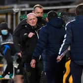 Livingston manager David Martindale (L) congratulates St Johnstone counterpart Callum Davidson after seeing his side lose for the first time under his charge (Photo by Sammy Turner / SNS Group)