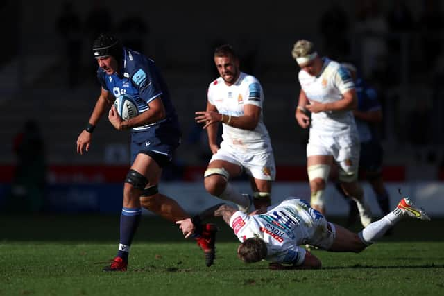 JP du Preez in action for Sale Sharks, eluding the tackle of Stuart Hogg of Exeter Chiefs. (Photo by Jan Kruger/Getty Images)