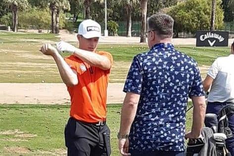 David Burns, who is attending his first DP World Tour event since last May, chats to Calum Hill on the Emirates Golf Club range in the build up to the Hero Dubai Desert Classic. Picture: National World