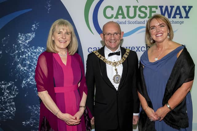Brigid Whoriskey, Causeway co-chair and managing director of Envision Business Solutions (left), Robert Aldridge Lord Provost of Edinburgh (middle)
and Judith O'Leary, Causeway co-chair and MD/founder of Represent (right) at the 2022 Causeway Awards