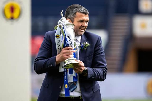 Saints celebrity supporter Colin McCredie suggested sainthooud for Callum Davidson after the Scottish Cup win. (Photo by Alan Harvey / SNS Group)
