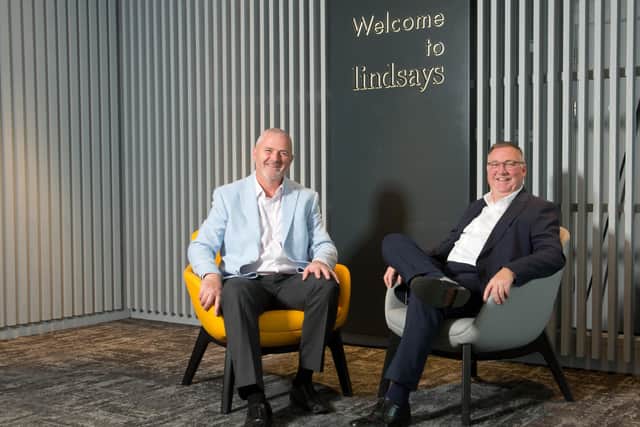 Andrew Diamond, left, who will succeed Alasdair Cummings, right, as managing partner of Scottish legal firm Lindsays. Picture: Ryan McGoverne / Lindsays