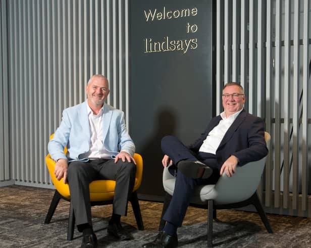 Andrew Diamond, left, who will succeed Alasdair Cummings, right, as managing partner of Scottish legal firm Lindsays. Picture: Ryan McGoverne / Lindsays