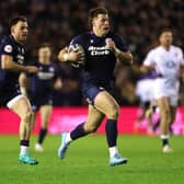 Huw Jones of Scotland breaks clear to Scotland's fourth try in the 31-20 win over England last weekend (Picture: David Rogers/Getty Images)