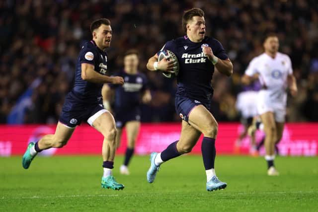 Huw Jones of Scotland breaks clear to Scotland's fourth try in the 31-20 win over England last weekend (Picture: David Rogers/Getty Images)