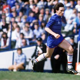 Pat Nevin flies down the wing for Chelsea against Sheffield Wednesday in May 1985: Photo by Colorsport/Shutterstock