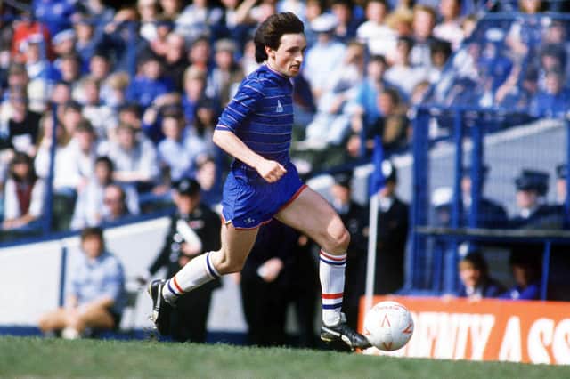 Pat Nevin flies down the wing for Chelsea against Sheffield Wednesday in May 1985: Photo by Colorsport/Shutterstock