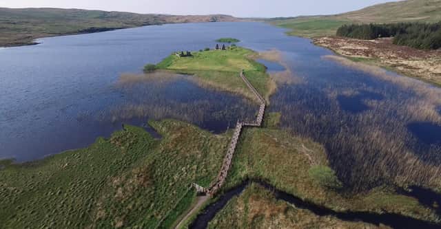 An aerial shot of Finlaggan which shows the bridge onto the powerbase of the Lords of the Isles. PIC: The Finlaggan Trust.