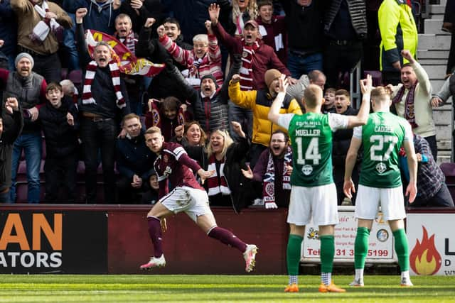 Stephen Kingsley put Hearts ahead against Hibs. (Photo by Alan Harvey / SNS Group)