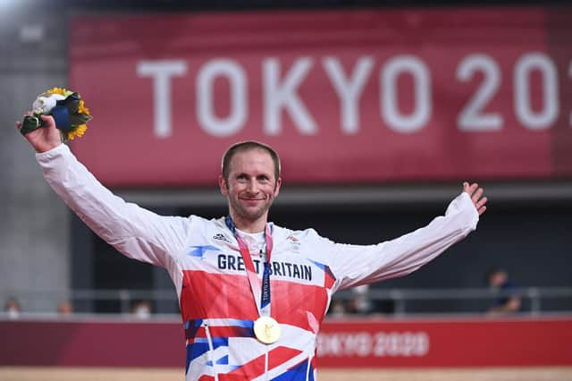 Jason Kenny celebrate after winning gold in the men's track cycling keirin final