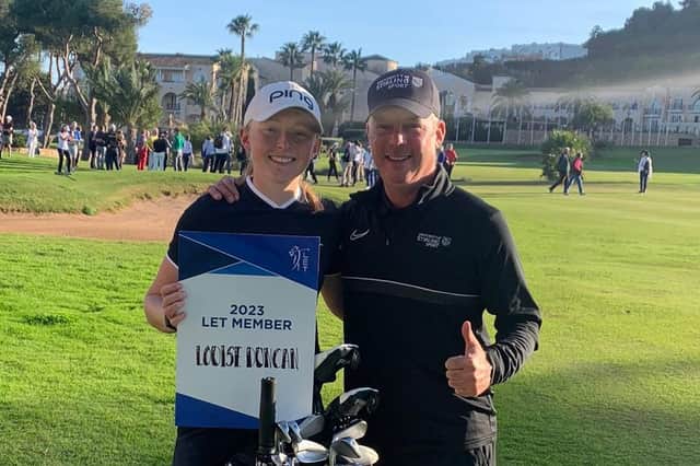 Louise Duncan and her caddie/mentor Dean Robertson celebrate the Scot's successful first visit to the LET Qualifying School at La Manga in Spain.