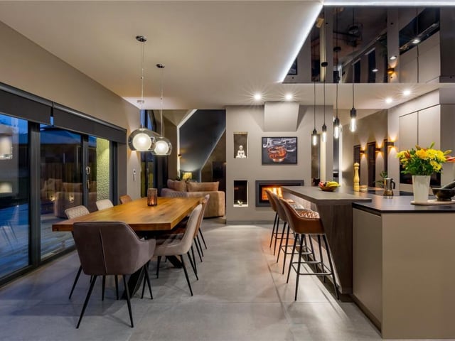 Kitchen at dusk.
