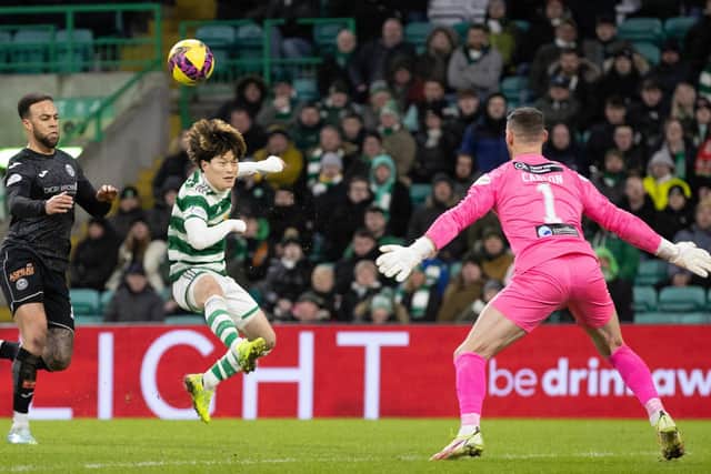 Celtic's Kyogo Furuhashi scores to make it 2-0 against St Mirren. (Photo by Craig Williamson / SNS Group)
