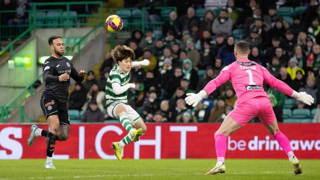 Celtic's Kyogo Furuhashi scores to make it 2-0 against St Mirren. (Photo by Craig Williamson / SNS Group)