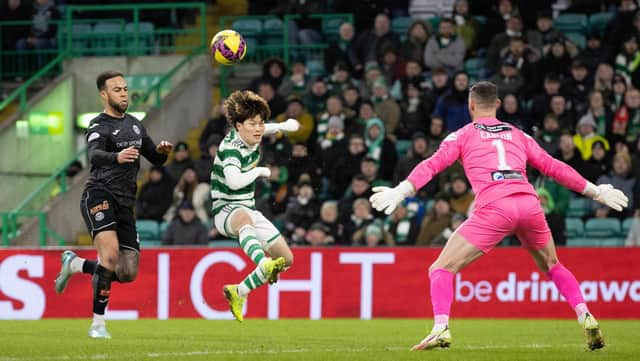 Celtic's Kyogo Furuhashi scores to make it 2-0 against St Mirren.  (Photo by Craig Williamson / SNS Group)