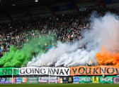 The Celtic support housed in the Roseburn Stand unfurled this banner on pyro ahead of the match against Hearts, followed by a number of flares.