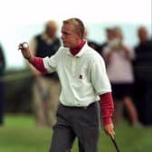 Luke Donald acknowledges the crowd during a winning Walker Cup appearance for Great Britain & Ireland at Nairn in 1999. Picture: Andrew Redington /Allsport