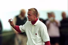 Luke Donald acknowledges the crowd during a winning Walker Cup appearance for Great Britain & Ireland at Nairn in 1999. Picture: Andrew Redington /Allsport