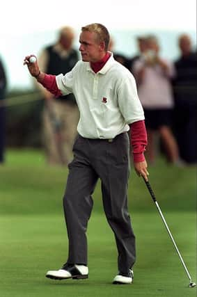 Luke Donald acknowledges the crowd during a winning Walker Cup appearance for Great Britain & Ireland at Nairn in 1999. Picture: Andrew Redington /Allsport