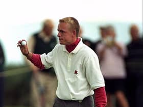 Luke Donald acknowledges the crowd during a winning Walker Cup appearance for Great Britain & Ireland at Nairn in 1999. Picture: Andrew Redington /Allsport