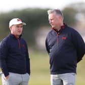 GB&I captain Stuart Wilson, right, talks to Englishman John Gough during a practice round prior to the 49th Walker Cup at St Andrews. Picture: Oisin Keniry/R&A/R&A via Getty Images.