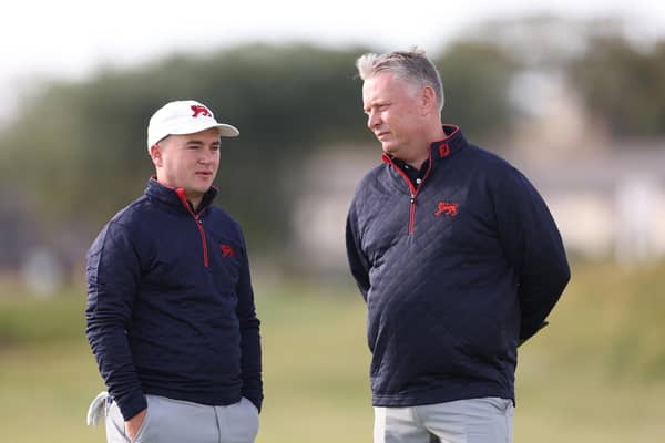 GB&I captain Stuart Wilson, right, talks to Englishman John Gough during a practice round prior to the 49th Walker Cup at St Andrews. Picture: Oisin Keniry/R&A/R&A via Getty Images.
