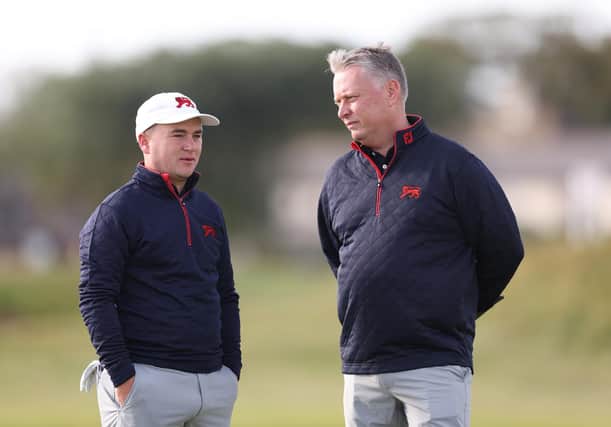 GB&I captain Stuart Wilson, right, talks to Englishman John Gough during a practice round prior to the 49th Walker Cup at St Andrews. Picture: Oisin Keniry/R&A/R&A via Getty Images.