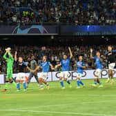Napoli celebrate after beating Liverpool 4-1 in their Champions League opener.  (Photo by Giuseppe Bellini/Getty Images)
