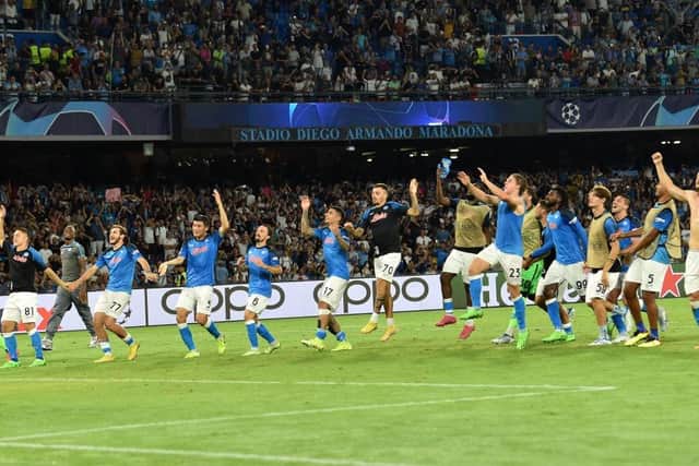 Napoli celebrate after beating Liverpool 4-1 in their Champions League opener. (Photo by Giuseppe Bellini/Getty Images)