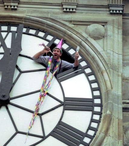 Engineer Archie Cunningham prepares to bring in the Edinburgh New Year by himself inside the Balmoral hotel clock on Hogmanay, December 1991.