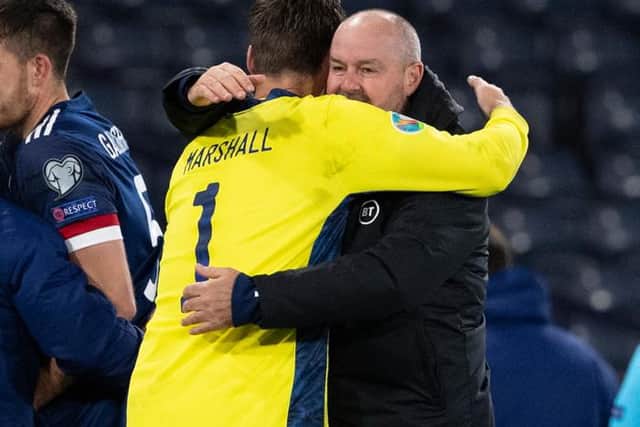 GLASGOW, SCOTLAND - OCTOBER 08: Goalkeeper David Marshall (L) is congratulated by his manager Steve Clarke following Scotland's vctory during a Euro 2020 Play off match between Scotland and Israel at Hampden Park, on October 08 2020, in Glasgow, Scotland (Photo by Alan Harvey / SNS Group)