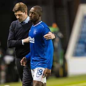 Glen Kamara is consoled by Rangers manager Steven Gerrard after alleged racial abuse aimed at the midfielder. Picture: SNS