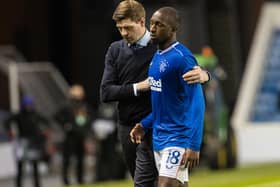 Glen Kamara is consoled by Rangers manager Steven Gerrard after alleged racial abuse aimed at the midfielder. Picture: SNS