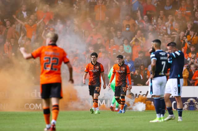 Dundee United midfielder Ian Harkes returns to his half after celebrating giving his side the lead in the Dundee derby. The hosts held out to win 1-0  (Photo by Alan Harvey / SNS Group)